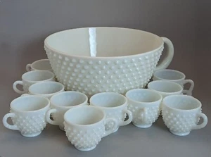 Extremely Rare Vintage Fenton Hobnail Milk Glass Punch Bowl W/ Handle + 11 Cups - Picture 1 of 9