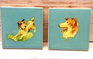 2 VTG Blue Signed Robertson Ceramic Tiles 4" Square with dog decals on theme - Picture 1 of 13