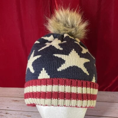 Beanie Hat Patriotic Red Beige Stars Stripes USA Flag Theme Fur Poof D&Y Patriot - Image 1 of 4