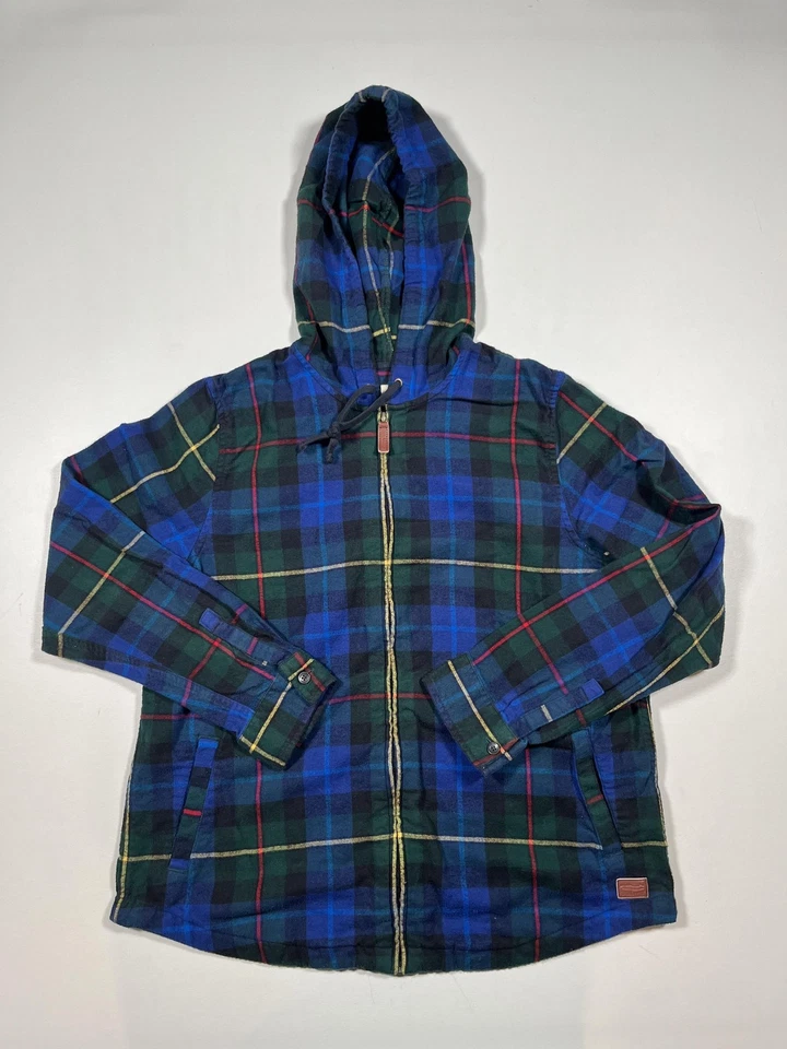 LL Bean Jacket Medium Blue Green Plaid Flannel Hooded Full Zip Relaxed Fit - Image 1 of 4