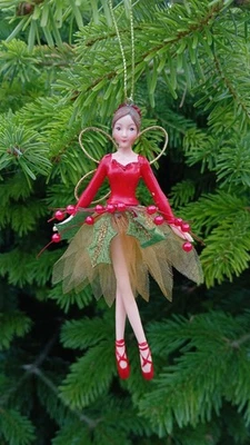 Holly Fairy Gisela Graham Christmas Tree Decoration Resin Fabric Red Gold Green - Image 1 of 2