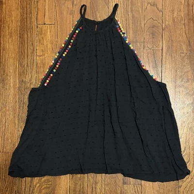 Honey Punch Black Halter Top With Rainbow Pom Pom Trim, Size Large - Image 1 of 4