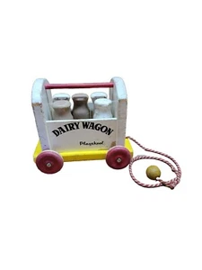 Vintage 1950s PLAYSKOOL Wooden Dairy Wagon Pull Toy 5 Original Milk Bottles - Picture 1 of 4