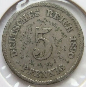 Coin German Empire Empire 5 Pfennig 1890 E in Fine - Picture 1 of 2