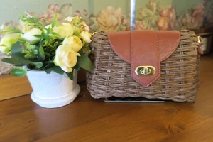 Brown Rectangle Straw Hand Bag ~Adjustable Strap and Twist Latch Gift Present - Picture 1 of 4
