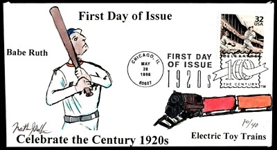 1998 Babe Ruth FDC Celebrate the 1920's Babe Ruth Toy Trains HP Matteson Cachet - Image 1 of 2