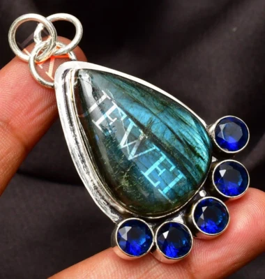 Natural Labradorite 925 Sterling Silver Gemstone Handmade Jewelry Pendant 1.85" - Image 1 of 4