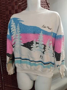Vintage Womens All Over print Sweatshirt Snow Trees Skiing Lake Placid One Size - Bild 1 von 12