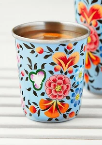 Handpainted Fairtrade Enamel Small Tumbler Blue Floral Pattern - Picture 1 of 3