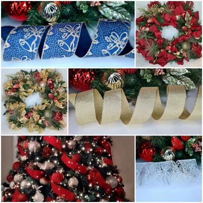 KIRKLAND CHRISTMAS WIRED EDGE RIBBON 2.5 IN WIDE GOLD BROWN SILVER GLITTER BOW SPARKLE