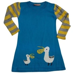 Sophie and Sam Knit Dress Stork Applique Striped Sleeve Blue Yellow Size 4 - Picture 1 of 14