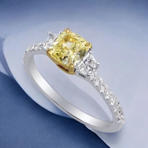 2 Ct Cushion Cut Yellow Diamond Three Stone Engagement Ring 14k White Gold Over - Picture 1 of 8