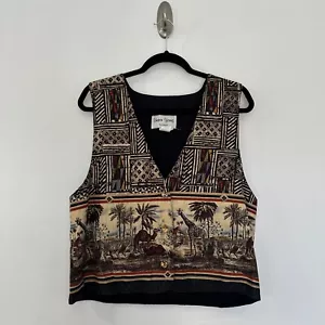 Vintage 80s Sharon Young Sleeveless Vest Waistcoat Women L Safari Animals Travel - Picture 1 of 10