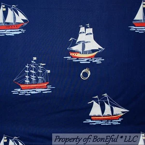 BonEful Fabric FQ Cotton Quilt Navy Blue Sail Boat Ship Nautical Flag Beach Boy - Picture 1 of 11