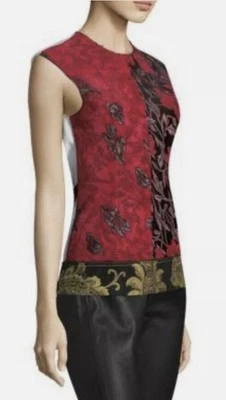 Top DEREK LAM Sin Mangas Jacquard Estampado Floral con Cinturón en Rojo Talla 4 Minorista $1390 Foto 1 de 4