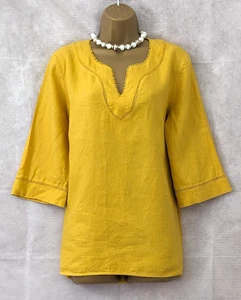 LAURA ASHLEY Yellow Linen Tunic Blouse Top Sz 16 Notch Neck 3/4 Sleeve Summer - Picture 1 of 11