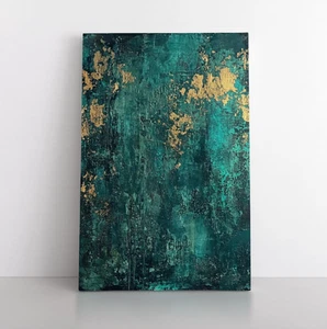 Impresión de pintura dorada verde azulado profundo abstracto texturizado sobre lienzo enmarcado arte de pared moderno - Imagen 1 de 15