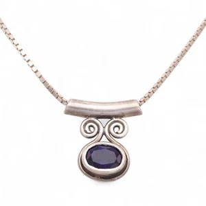 ITALY 925 Sterling Silver 1mm Box Chain 40cm Necklace & Purple Amethyst Pendant - Picture 1 of 4