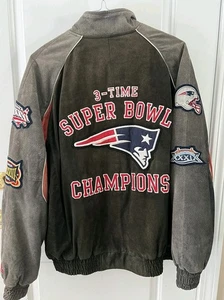 NE Patriots Wildleder Leder Full Zip Bomberjacke professionell generalüberholt L - Bild 1 von 12