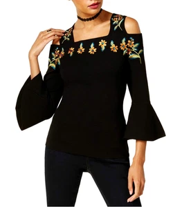 INC Cold Shoulder Knit Sweater Plus 1X Black Floral Embroidery Bell Sleeves 89 - Picture 1 of 8