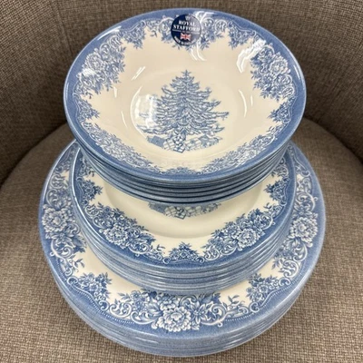 (18) Royal Stafford Christmas Tree Blue Dinner Salad Plates Soup Bowls ~New~ - Image 1 of 2