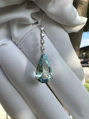 NWT NATURAL 3.73CT TEARDROP AQUAMARINE 18K WHITE GOLD DIAMONDS NECKLACE - Image 1 of 4