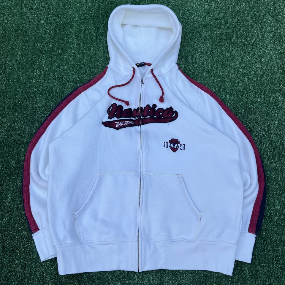 Moletom com capuz masculino vintage Nautica XL listrado branco zíper completo skatista boxy anos 90 Y2K - Imagem 1 de 4