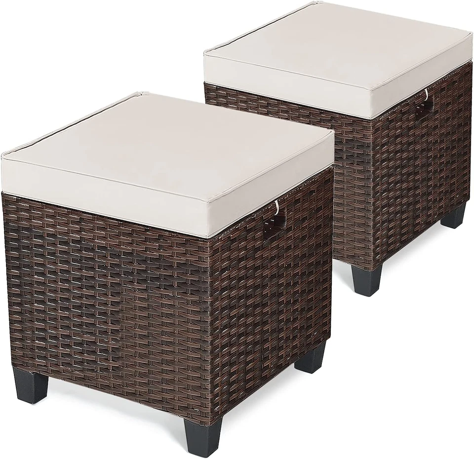 2-Piece Rattan Patio Ottoman, All Weather Wicker Ottoman W/Removable Cushion & S - Image 1 of 4