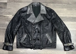 Vintage 2 Tone Men 44 Double Breasted Vintage Leather 30s Moto Repro Jacket - Picture 1 of 10