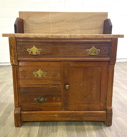 Antique 1800s Victorian Eastlake Style Marble Walnut Cabinet Commode Washstand Cover