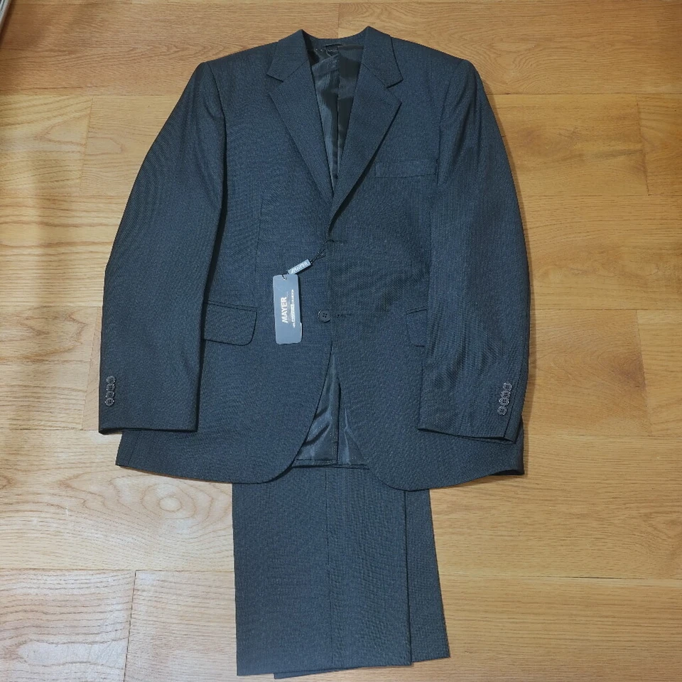 Traje Mayer Hombre Lujoso Lana 2 Botones con Pantalones 40R M 34" Off-Black Foto 1 de 4