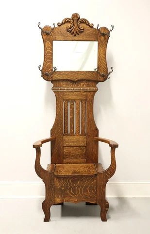 Antique Circa 1900 Victorian Period Tiger Oak Hall Tree with Chair Bench Cover