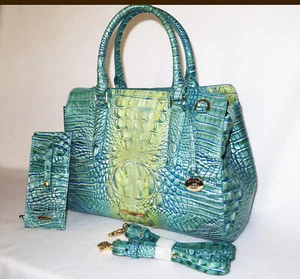 BRAHMIN Classy SEAFOAM OCEAN AQUA BLUE & GREEN FINLEY BUSINESS CARRYALL & WALLET - Picture 1 of 9