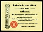 Bremerhaven. Bremer Bank-Verein. 5 Mark 1918. UNC-