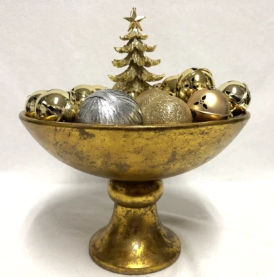 Lote de adornos de bola de árbol campanas tintineo tazón con patas decoración navideña tono dorado brillante Foto 1 de 4