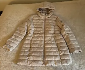 Larry Levine Beige Off-White Puffer Coat Jacket Size M Lightweight Packable Hood - Picture 1 of 21