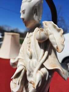 Make Offer Vtg Kwan Yin Statue Blanc de Chine White Porcelain Lotus Flower Lamp