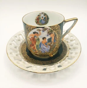 Royal Halsey Black Tea Cup Saucer Grecian Roman Figures Iridescent, Gold Footed - Picture 1 of 8