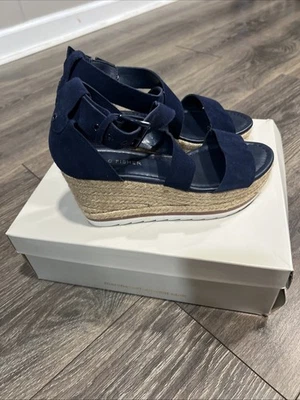 New Marc Fisher Suede Dark Blue Zain Espadrille Wedge Sandal Size 6M - Image 1 of 4
