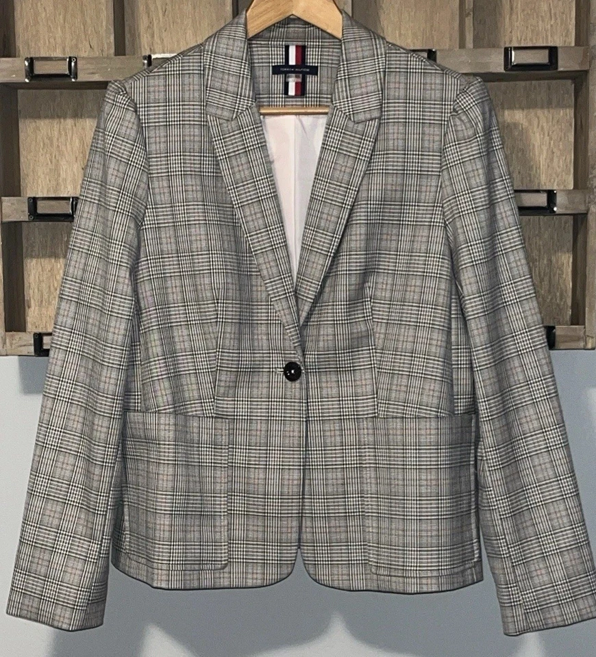 Blazer TOMMY HILFIGER Mujer Talla 12 Cuadros Preppy Academia Carrera Oficina Chaqueta Foto 1 de 4