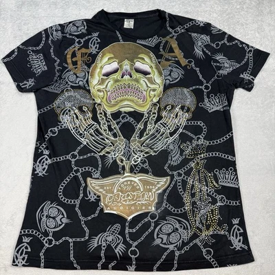 Christian Audigier Shirt Womens XL Black All Over Print Gold Rhinestones Skull - Image 1 of 4