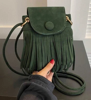 Bolso Bandolera Bohemio Pequeño Verde Imitación Gamuza Cartera con Flecos Foto 1 de 4