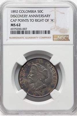 1892 Colombia 50 Centavos-Columbus Bust-MS62 NGC, Bogota mint, KM187.2 - Image 1 of 2