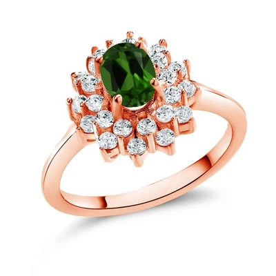 Anillo de plata enchapado en oro rosa de 18 quilates con diopsido cromado verde ovalado de 1,30 quilates Foto 1 de 4