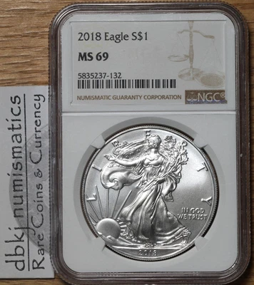 2018 Silver American Eagle $1 - NGC - Brown Label - MS69 - dbkjA - Image 1 of 4