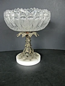 Vintage Crystal Candy Bowl-Dish on Metal and Marble Base- Cut Glass 9 1/4" Tall - Picture 1 of 10
