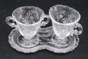 VINTAGE FOSTORIA ELEGANT GLASS CREAM & SUGAR SET ON TRAY, HEATHER ETCH, CENTURY - Picture 1 of 8