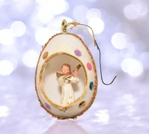 VTG Handmade Flocked Egg Angel Playing Lute Diorama Christmas Tree Ornament - Picture 1 of 8