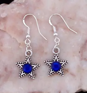 Tibetan Silver Star, 3D Blue Diamante, Double Sided, 925 Silver Hook Earrings - Picture 1 of 6