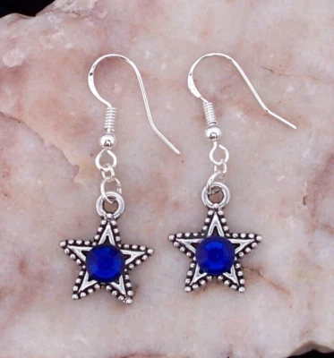 Tibetan Silver Star, 3D Blue Diamante, Double Sided, 925 Silver Hook Earrings Foto 1 de 4